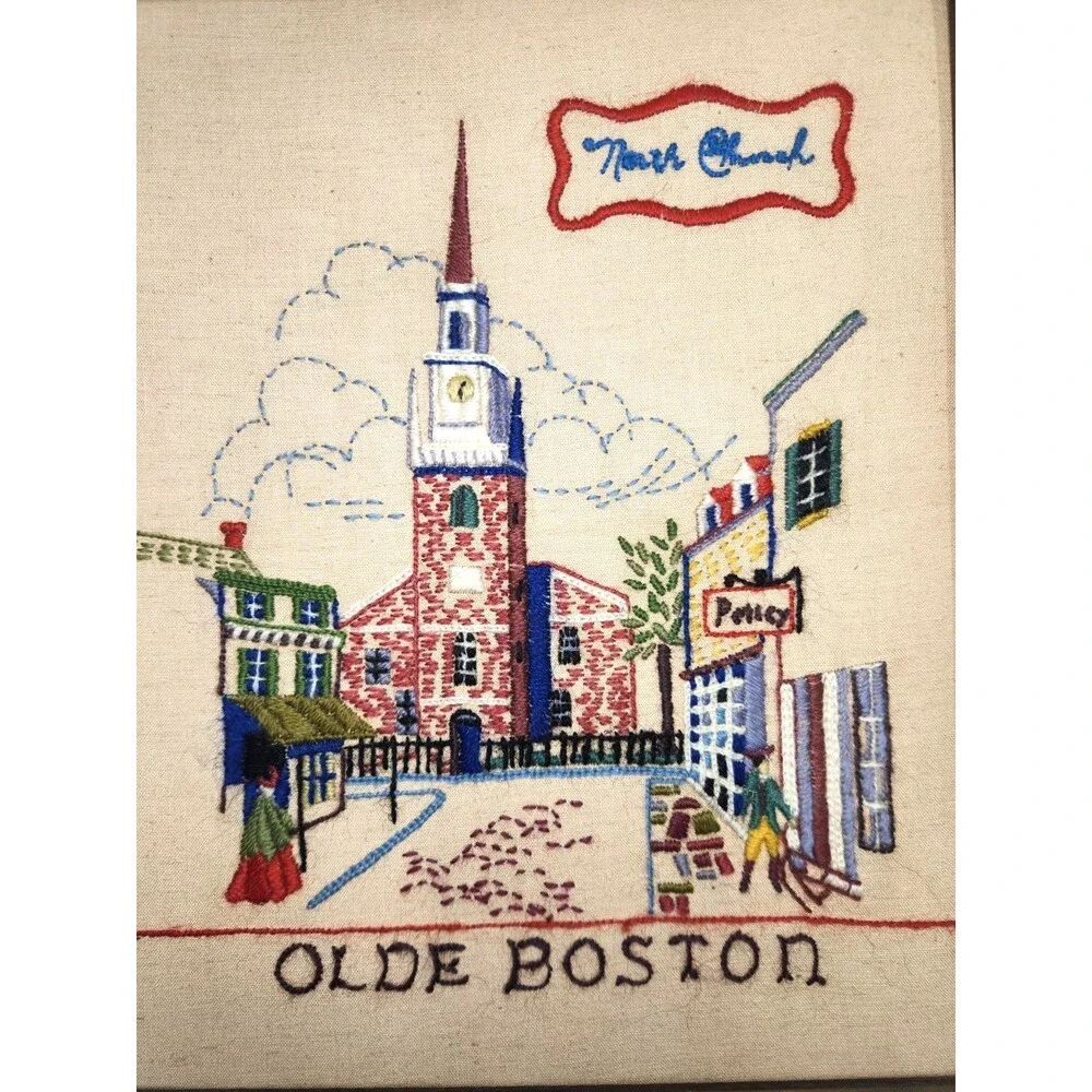 Olde Boston Old North Church Framed Needlepoint from 1969 Crewel 13 x 16